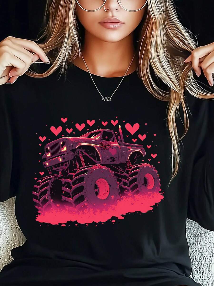 Women's Plus Size T-Shirt Trucks, Valentine's Day Boys' 'Heart Crusher' Love Print Fashion Long Sleeve Round-Neck Loose Fit Tee Casual Streetwear - Black - View 1