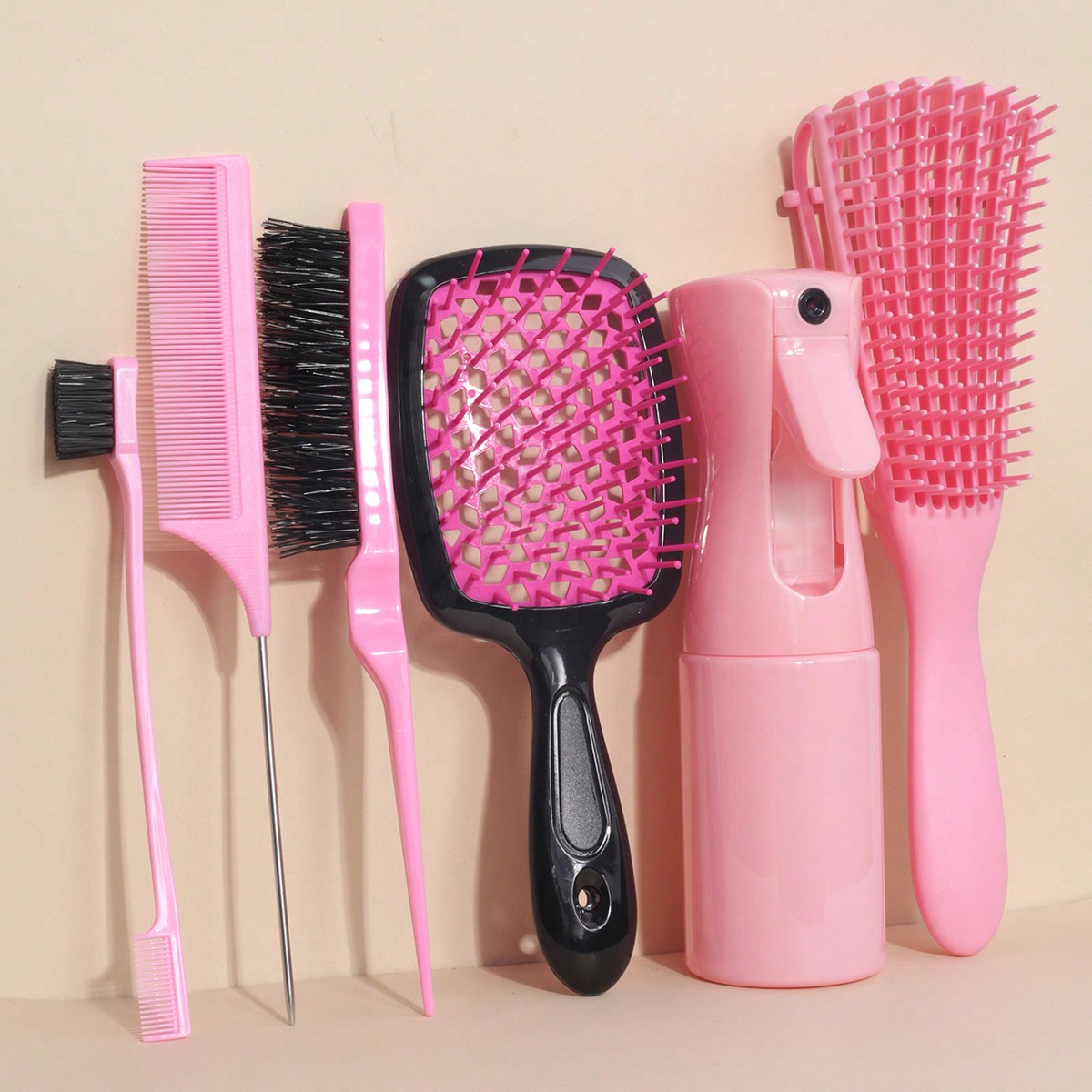 3pcs/5pcs/6pcs Curling Hair Brush Set, Wet & Dry Use Curling Brush Suitable For Natural Curly Hair, Includes Spray Bottle, Volumizing Brush, Tail Comb, Edge Brush (Suitable For Thick & Thin Hair, Can Be Used For Edging And Back-Combing), Hair Styling Tools (Pink, Purple, Black) Beauty Home Hair Accessories