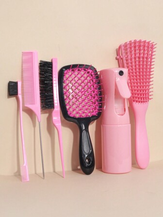 3pcs/5pcs/6pcs Curling Hair Brush Set, Wet & Dry Use Curling Brush Suitable For Natural Curly Hair, Includes Spray Bottle, Volumizing Brush, Tail Comb, Edge Brush (Suitable For Thick & Thin Hair, Can Be Used For Edging And Back-Combing), Hair Styling Tools (Pink, Purple, Black)