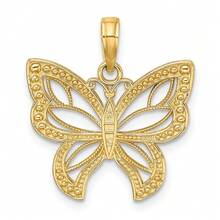 14k Yellow Gold With Rhodium Butterfly With White Beaded Wings Charm Pendant (L-0.89 Inch,W-0.78 Inch) 1.64 Gram