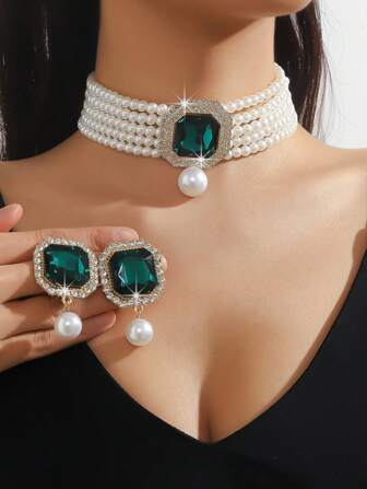 3-Piece Luxury & Exaggerated Multilayered Faux Pearl, Crystal & Rhinestone Necklace & Earrings Set, Suitable For Women's Wedding, Party, Holiday Gift