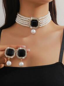 3 件套奢华夸张多层人造珍珠、水晶和水钻项链和耳环套装，适合女性婚礼、派对、节日礼物 - 彩色 - 查看 3