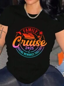 Family Cruise 2025 Graphic Print Women Tee Short Sleeve Cotton Shirt Stylish Crew Neck For Everyday Wear Outdoor Activities