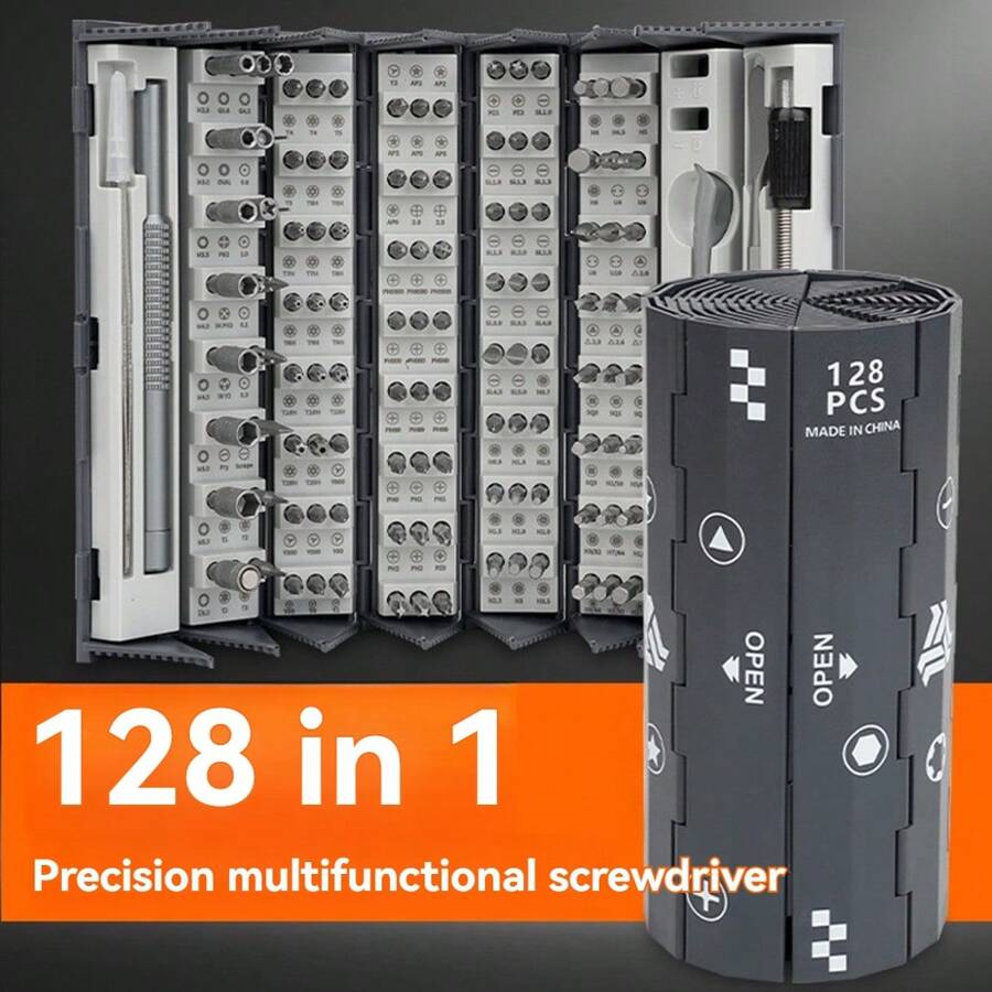 128 In 1 Precision Multipurpose Screwdriver Set, S2 Steel Screwdriver Tool Kit In Scroll Cylinder Case, For Laptop, Clock, Phone Disassembly Repair - Grey - View 1