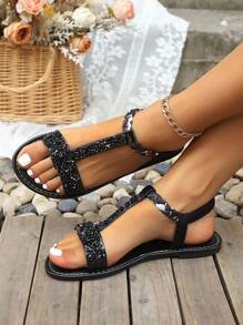 Boho-Stil Perlen Kristall weiche Sohle rutschfeste Sandalen, Damen Sommer Lässig Pantoffeln
