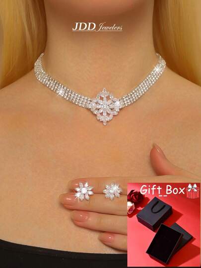 3件套欧美时尚雪花项链耳环套装适用于婚礼、生日、聚会、节日、送礼、时尚礼盒套装