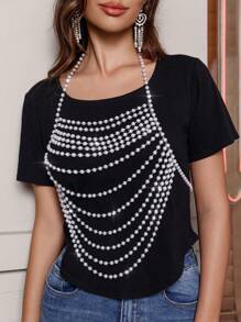 1pc European And American Style Accessories, Sexy Vacation Style, Faux Pearl Bra, Clothing Chain, Bikini Chain, Body Chain, Handmade Bead Hollow Backless Body Chain, Women's Shirt With Multiple Layers Of Bead Chains, Underwear Vest