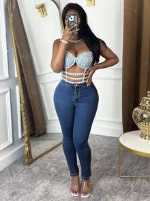 Fall Winter Dark Blue Stretch High Waist Skinny Jeans Women,Casual Slim Fit Denim Pants, Suitable Daily, Home, Office - 深色水洗藍 - 查看 5