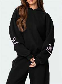 Women's Y2k Bow 2 Piece Outfits Cute Bow Graphic Print Long Sleeve Hoodie Pullover Tops And Wide Leg Pants Sets Fall Spring Oversized Hooded Sweatshirt Tracksuit Sweatsuit Matching Outfit Streetwear - 黑色 - 查看 4