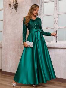 Robe de soirée longue en satin à manches longues pour femme, robe longue à paillettes (avec ceinture), robe de fête, robe d'invité de mariage - Vert sapin - Voir 5