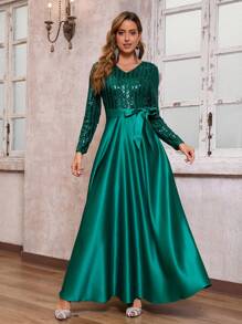 Robe de soirée longue en satin à manches longues pour femme, robe longue à paillettes (avec ceinture), robe de fête, robe d'invité de mariage - Vert sapin - Voir 6