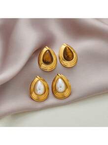 A Pair Of Antique Stainless Steel Earrings In Tiger's Eye Stone Drops Set With Pearls For Party And Festival Celebrations