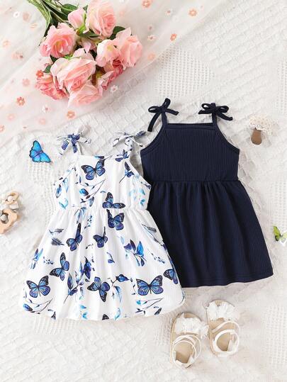 2 件套女婴可爱休闲蝴蝶印花吊带连衣裙带蝴蝶结装饰，适合日常穿着、旅行、夏季