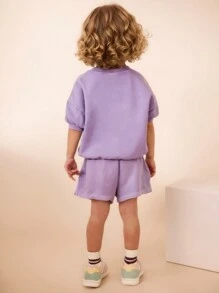 Cute Young Girls 2pcs/Set Cartoon Rabbit Print Summer Children Outfit, Suitable For Daily Wear - Purple - View 2