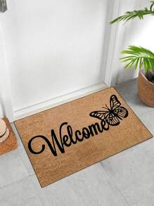 1pc 'Brown Background, Black Openwork Butterfly, Welcome' Doormat, Indoor Mat, Throw Rug, Creative Door Mat, Entryway Themed Mat, Home Decor, Non-Slip Floor Rug Mat, Bedroom Accessories, Photo Props, Outdoor Decor, Throw Rug, Area Rug, Gift - Multicolor - View 1