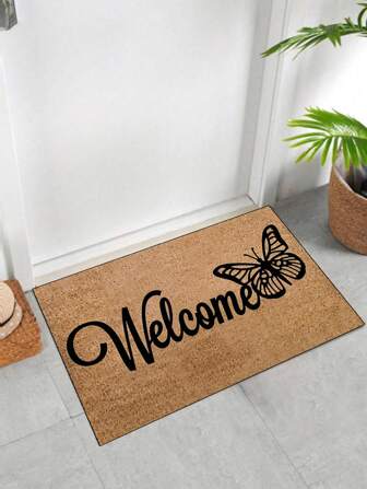 1 pieza Felpudo con fondo marrón, mariposa calada negra y texto "Bienvenido", alfombra interior, alfombra decorativa, felpudo creativo de entrada, decoración del hogar, alfombra antideslizante para piso, accesorios para dormitorio, utilería fotográfica, decoración exterior, alfombra decorativa, alfombra de área, regalo
