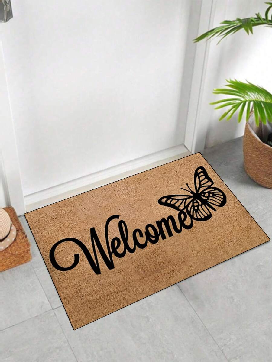 1pc 'Brown Background, Black Openwork Butterfly, Welcome' Doormat, Indoor Mat, Throw Rug, Creative Door Mat, Entryway Themed Mat, Home Decor, Non-Slip Floor Rug Mat, Bedroom Accessories, Photo Props, Outdoor Decor, Throw Rug, Area Rug, Gift - Multicolor - View 1