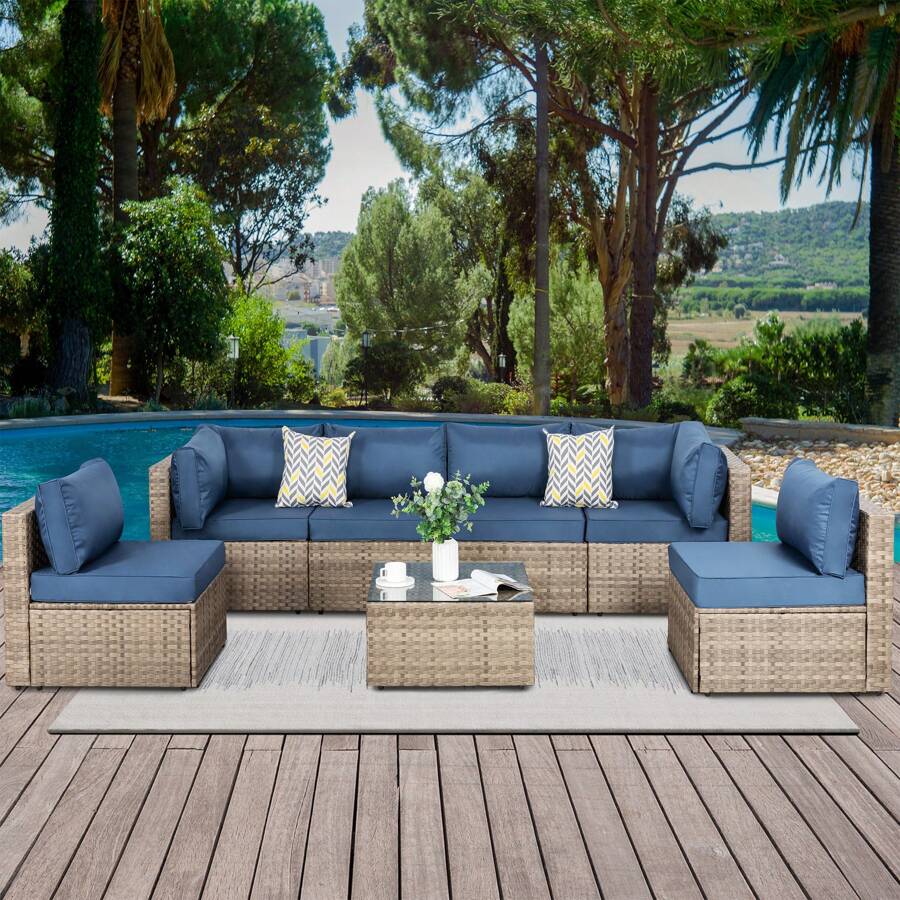 Vongrasig 7 Piece Outdoor Patio Furniture Sets, PE Rattan Wicker Sectional Patio Sofa Couch With Tea Table & Washable Cushions - 藏蓝色 - 查看 1