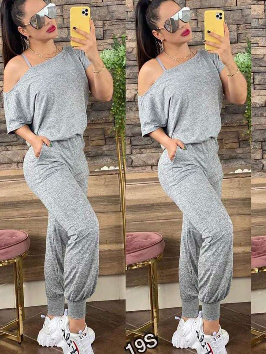 SHORT SLEEVE PALAZZO DROP SHOULDER - Grey - View 1