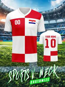 Aangepast Kroatië-shirt, sportkleding voor heren, teamclubtraining, V-hals voetbalshirt met voor- en achterkant, naamnummerlogo, comfortabele pasvorm voor casual, feest, dagelijks gebruik