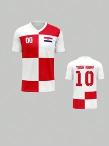 Aangepast Kroatië-shirt, sportkleding voor heren, teamclubtraining, V-hals voetbalshirt met voor- en achterkant, naamnummerlogo, comfortabele pasvorm voor casual, feest, dagelijks gebruik
