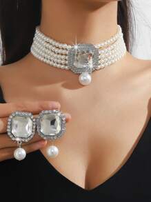 3 件套奢华夸张多层人造珍珠、水晶和水钻项链和耳环套装，适合女性婚礼、派对、节日礼物 - 彩色 - 查看 16