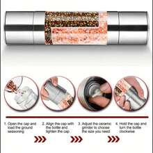 [Opción popular] Juego de molinillo de pimienta y salero manuales 2 en 1, molinillo de especias cerámico ajustable, herramienta de cocina de acero inoxidable - Negro/Plateado, Juego de molinillos, Herramienta de cocina - Multicolor - Ver 8