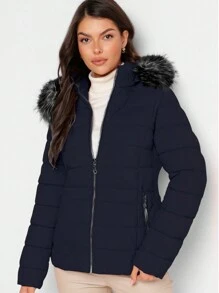 Shendy Vendy Women's Warm Polyester Jacket With Fur Collar - DARK BLUE 1 - View 2