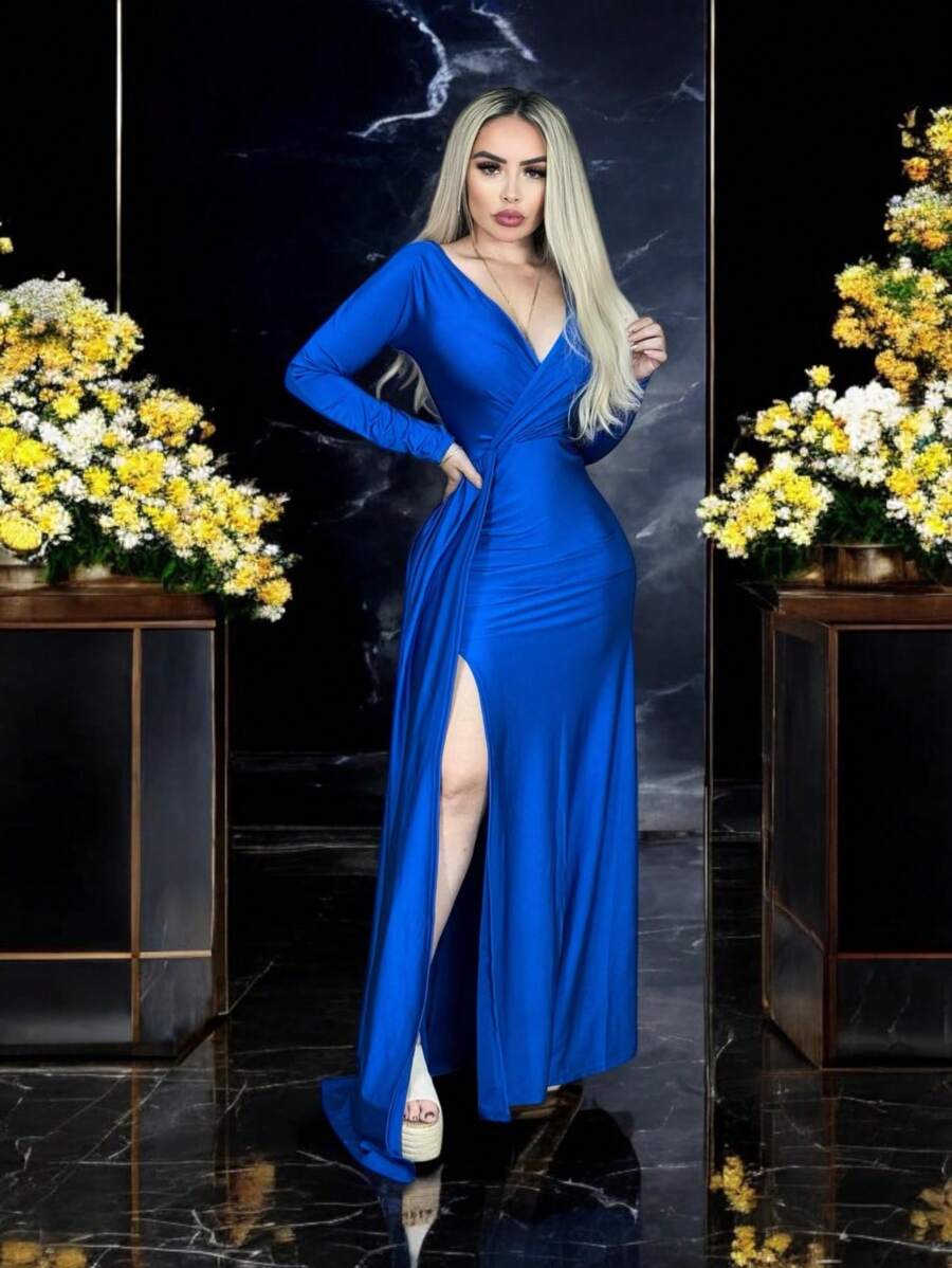 Long Sleeve Satin Power Evening Dress With Side Slit - 寶藍色 - 查看 1