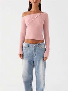 Women Knit Tops, Long Sleeve One-Shoulder Tops Button Closure Solid Fall T-Shirt - Pink - View 3