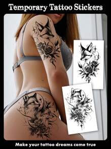 2 Sheets Small Size Body Art Temporary Tattoo Stickers For Women And Men, Black Fox Animal Flowers Pattern, Waterproof Fake Tattoo, Lasts 2-5 Days, Covering Scars, Can Be Used On Arms Wrist Shoulders Legs Waist Neck Hand Chest Thighs Finger - Black - View 1