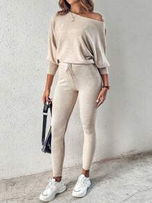 Women's Fall 2-Piece Lounge Outfit: Long Sleeve Pullover Top + Drawstring High-Waisted Pants Tracksuit Set - 杏色 - 查看 6