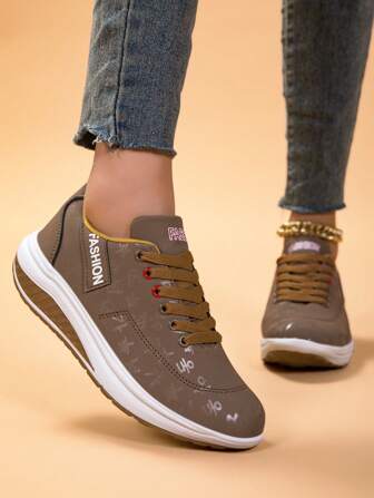 女士时尚厚底坡跟鞋、舒适高帮步行运动鞋、休闲运动鞋