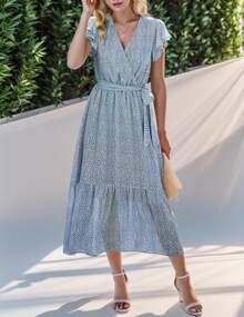 hoteel Women Summer Floral Casual V Neck Ruffle Sleeveless Midi Dress - Màu xanh nhạt - Xem 2