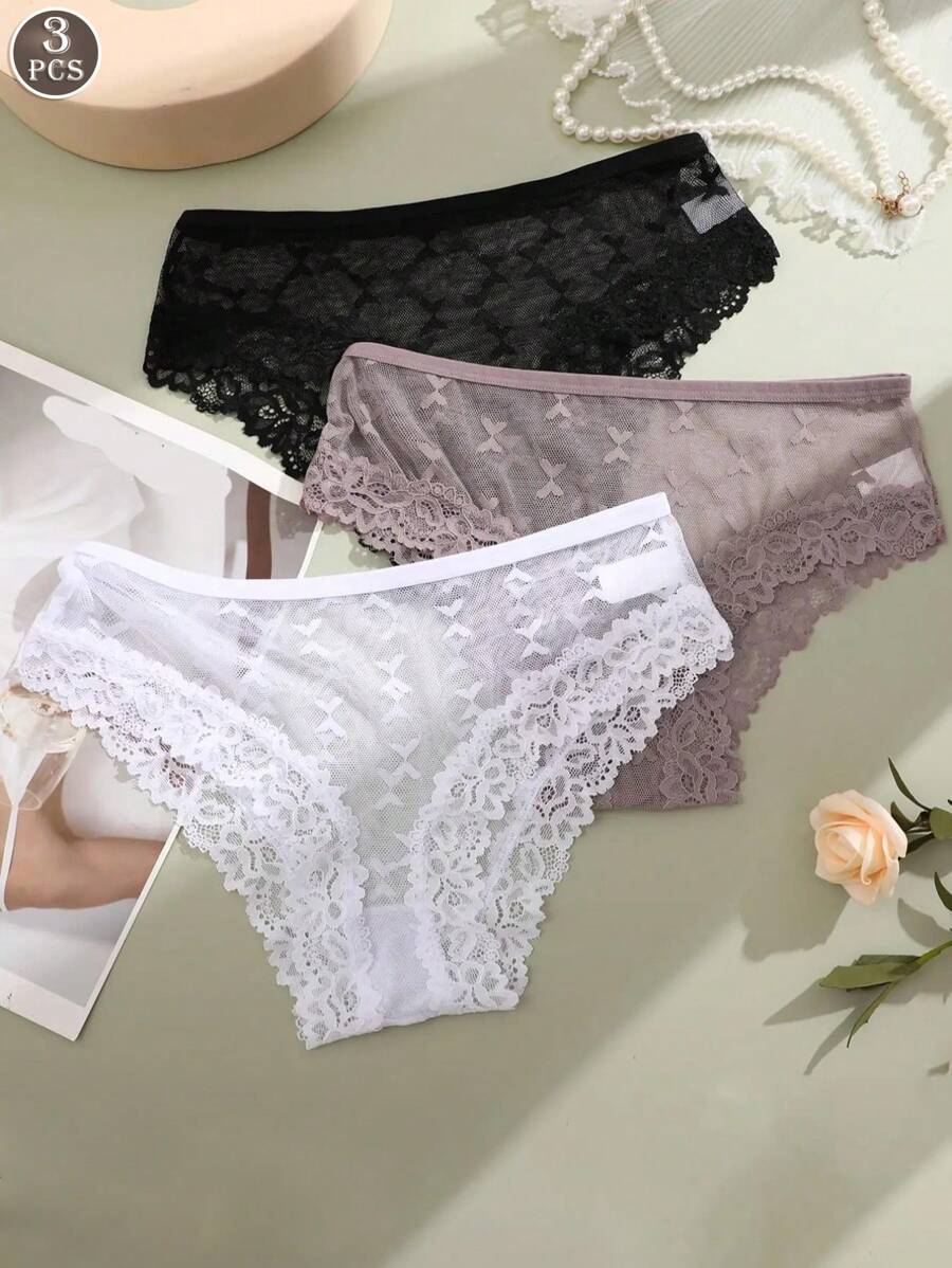 3pcs Women's Multi-Color Butterfly Lace Pattern Breathable Low-Waist Sexy Briefs - Multicolor - View 1