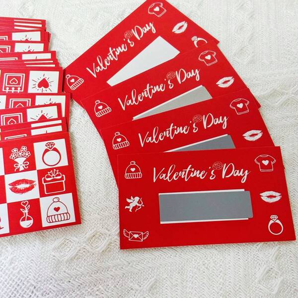 Tarjeta de rascar para el Día de San Valentín, tarjeta sorpresa roja con patrón de anillo de labios de rosa y fecha, certificado de regalo DIY para vacaciones, premios de juegos de fiesta, contiene pegatinas de rascar con suerte, tarjeta de rascar de Día de San Valentín de dibujos animados, adecuada para actividades del Día de San Valentín, tarjeta de premio de rascar manuscrita, perfecta para fiestas del Día de San Valentín.