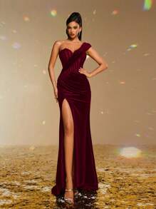 Smilprince 优雅的勃艮第天鹅绒紧身胸衣不对称领口高开衩长款紧身晚礼服，优雅的派对礼服，女士舞会礼服，正式晚礼服，婚礼宾客礼服 - 酒紅色 - 查看 8
