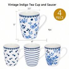 SET OF 4 Blue White Porcelain MUGS Floral Bone China Mismatched Coffee Mugs 12oz - 1 - View 4