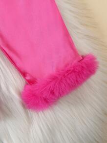 Girls Fuchsia Solid Long Sleeve Fluffy Top And Pants Suit - Hot Pink - View 5