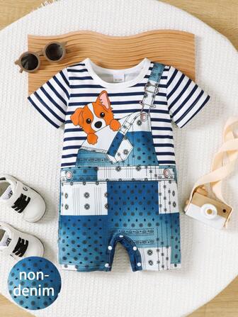 可爱小狗数码印花连体衣，短袖圆领，非牛仔布