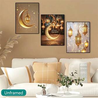 3 piezas Pinturas decorativas de festival, farolillos, pintura decorativa de pared estilo retro para la decoración del hogar, para usar en decoración de habitaciones sin marco, Eid