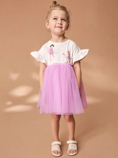Girls Sweet Princess Style Mesh Overlay Dress With Cute Ballet Girl Print, Summer Party & Gift Dress