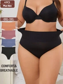 4pcs Plus Size Women Solid Mesh High Waist Soft Seamless High Elasticity Thong Panties