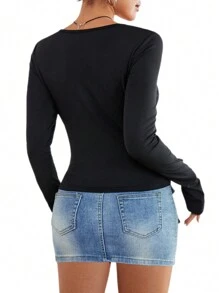 Women Square Neck Bow Front Slim Fit Long Sleeve T-Shirt, Casual Elegant Commuting Style All-Match Base Top, Suitable For Autumn/Winter