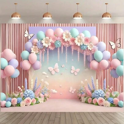 1件装鲜艳花卉气球背景横幅，可重复使用的涤纶背景布，派对摄影背景，适用于派对、婚礼、生日等场合 - 易于安装，非常适合入口和房间装饰