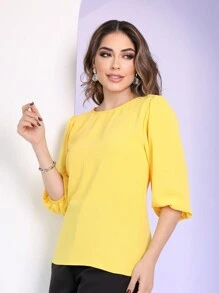 Women's Blouse With 3/4 Sleeves In Plain Dune Fabric - 黃色 - 查看 2