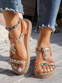 WRCVS Orange Sandals, Women Summer Flat Sandals, Woven Shoes, Lightweight Non-Slip Beach Shoes, Rope Bottom Floral Pattern Random Bohemian Style Round Toe Student Sandals, Handmade Beaded Heavy-Duty Shoes