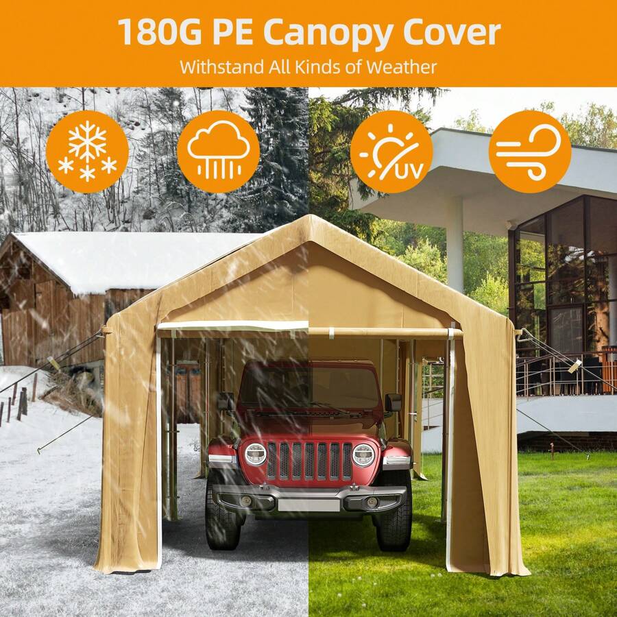 10x20 Ft Carport Heavy Duty Canopy, Portable Garage With Removable Sidewalls Doors & Windows, All Season Waterproof Tarp Outdoor Storaeg Shed For Car Truck Boat Party, Khaki - 卡其色 - 查看 1