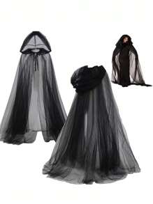 1pc Carnival Hooded Cloak, Witch Mesh Long Cloak For Masquerade Party Costume - Black - View 2