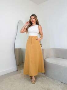 IN FASHION WOMEN'S LONG TAILORING HIGH WAIST SKIRT - 摩卡棕 - 查看 2